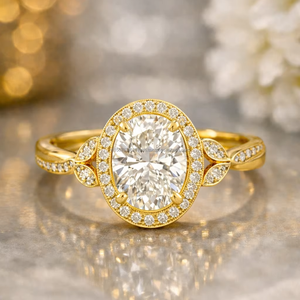 Anillo de Diamantes de Corte Ovalado de Lujo con Halo de Diamantes Laterales en Oro Amarillo, Elegante Anillo de Compromiso de Diamantes Ovalados para Mujer, Joyería Fina - Product Image 1