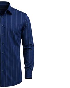 Camisa de Vestir para Hombre, Azul Marino a Rayas, Corte Entallado, Manga Larga, Cierre de Botones, Formal, Casual, para Oficina, Mezcla de Algodón, OEM, ODM, Logotipo Personalizado - Product Image 3