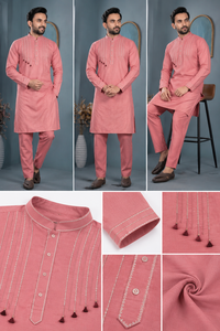 <b>Mens</b> Dusty Pink Cotton <b>Kurta</b> Pajama Set Stylish Thread Work Tassel Detail Indian Traditional Festival Outfit Wholesale B2B - Product Image 4