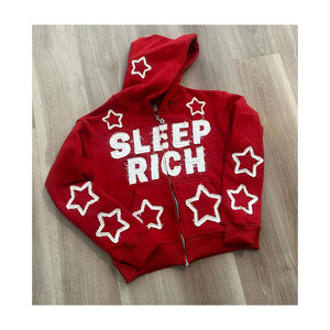 Sleep Rich <b>Red</b> Hooded <b>Sweatshirt</b> With White Stars Zipper Front Unisex Casual Knitted Cotton Autumn Wear - Product Image 1