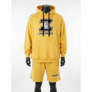 Ensemble sweat à capuche et short pour homme en molleton épais mélangé coton, jaune moutarde, avec logo personnalisé - Product Image 1