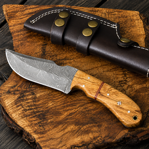 Cuchillo de hoja fija con mango de madera industrial UA Supplies, acero de Damasco, punta de gota, 0.5mm de grosor, 8 pulgadas de longitud total, para exteriores y EDC - Product Image 1