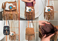 Sac à bandoulière en cuir de vachette suédé de style occidental avec franges, sac à bandoulière bohème de haute qualité pour femmes avec pierre turquoise