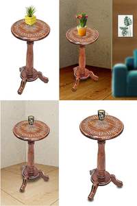 Wooden <b>Round</b> Beautiful Carving Design <b>Side</b> <b>Table</b>/Coffee <b>Table</b>/Outdoor <b>Table</b>/Living Room Furniture (White Inlay Carving) - Product Image 2