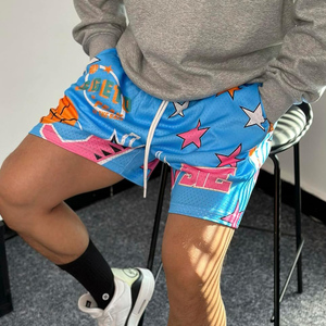 Pantalones cortos de baloncesto azules con estampado de estrellas y pelota, cierre con cordón, tela de malla, ropa deportiva unisex de verano - Product Image 2