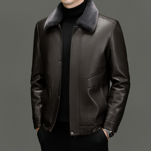 Chaqueta MANWA para Hombre, de Cuero PU Marrón, Corte Ajustado, con Forro de Piel Sintética, Cierre de Cremallera, Resistente al Viento, Estilo Casual Elegante, para Invierno, 100% Cuero - Product Image 2