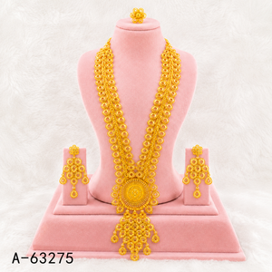 Ensemble de bijoux à motif de fleurs dorées, collier, boucles d'oreilles, bague, plaqué or 24 carats, style classique pour femmes, A-63278 - Product Image 2