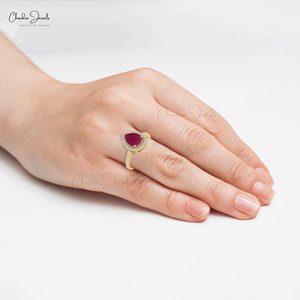Rubí birmano auténtico de 8x6 mm en forma de lágrima con halo de diamantes, anillo de oro amarillo macizo de 14 quilates, joyería de boda hecha a mano para ella. - Product Image 3