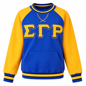 เสื้อสเวตเชิ้ตคอกลมสีน้ำเงินรอยัล ตราสัญลักษณ์ Sigma Gamma Rho  ตกแต่งด้วยผ้าเชนิลล์  แขนเสื้อแบบแร็กแลนสีทอง กระเป๋าแบบจิงโจ้ และขอบยางยืดลายทาง - Product Image 3