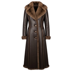 Unisex Long Genuine Leather <b>Coat</b> Fur Collar Cuffs Double Breasted <b>Winter</b> Overcoat Casual Style <b>Thick</b> Windproof Front - Product Image 3