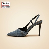 Chaussures de soirée à talons aiguilles en denim bleu pour femme, personnalisées OEM/ODM, à bout pointu, avec bride croisée et boucle, pour usine B2B