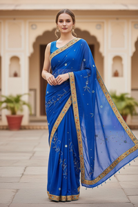 Best Quality Indian Plain Anti-static Lightweight Woven Chiffon/Georgette Women's Saree Florals Pattern Intricate <b>Border</b> 90 GSM - Product Image 6