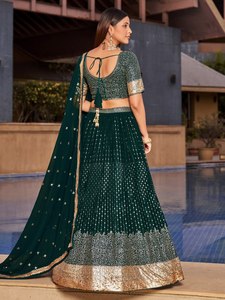 Green Silk Sequin Leheriya Lehenga <b>Set</b> with <b>Short</b> <b>Top</b> <b>and</b> Embroidered Dupatta Banarasi Style Women's Wedding Party Wear One <b>Set</b> - Product Image 3