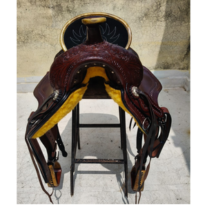 Selle de cheval western en cuir artisanale, classique, avec motifs gravés, pour le cowboy, le ranch et l'équitation sur sentier, avec arceau en fibre de verre et quincaillerie SUS304 - Product Image 4