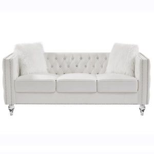 Beige Velvet Crystal Buckle Three-Seater Sofa with Removable Cushion and Two Plush Pillows Crystal Feet for Living Room - Product Image 4