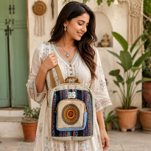 Stylish Eco Friendly Hemp <b>Backpack</b> Bag | Bohemian Panelled <b>Canvas</b> Zipper Closure 14 Inch | Travel Carry Bag OEM India Export - Product Image 3
