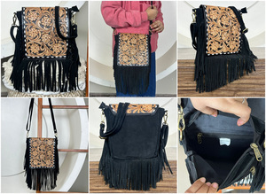 Luxury Handmade Tooled Leather Fringe Crossbody Bag Western Floral Carved Cowhide Shoulder Purse Handmade Vintage Bag for Women - Product Image 3