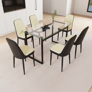 Moderno tavolo da pranzo rettangolare per 6 persone 51 \ "vetro temperato metallo nero gamba spessa sedia PU imbottita per sala da pranzo - Product Image 3