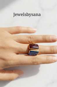 แหวนค็อกเทลสามเม็ดประดับทองคำแท้แบบดั้งเดิม Jewelsbysana ประดับโรสควอตซ์และบลูสโตนทรงเรขาคณิต ดีไซน์เก๋สำหรับผู้หญิง - Product Image 2