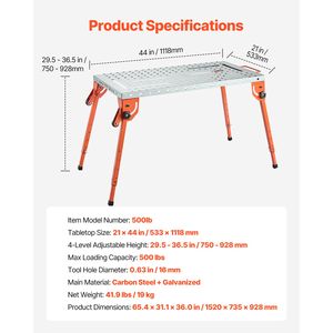 Banco da Lavoro per Saldatura 44" X 21" Capacità 500LBS Pieghevole Altezza Regolabile a 4 Livelli in Acciaio al Carbonio - Product Image 4