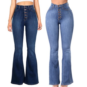 Jean évasé bleu taille haute pour femme, coupe skinny, grande taille, avec boutons, longueur intégrale, décontracté et ample - Product Image 1