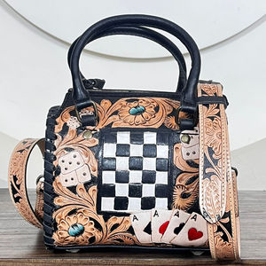 Top Quality Floral Hand Tooled Leather <b>Small</b> Speedy <b>Bag</b> Lightweight <b>Black</b> & White Checkered Leather Travel Duffle <b>Bag</b> for Unisex - Product Image 4