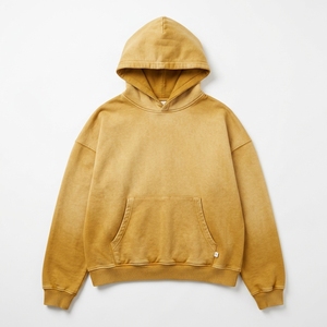 Sudadera con Capucha para Hombre, Color Amarillo Mostaza, Estilo Lavado, Felpa de Algodón, con Bolsillo Canguro, Estilo Urbano Holgado - Product Image 1