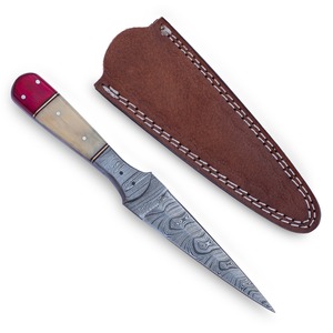 Cuchillo de caza de hoja fija de acero de Damasco OEM DIY con mango de hueso y funda de cuero, herramientas multifuncionales para camping al aire libre, punta de lanza - Product Image 6