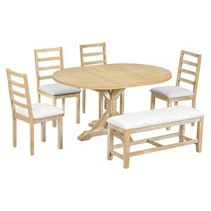 Farmhouse 60inch Extendable Pedestal Dining <b>Table</b> <b>Set</b> 6-Piece Including 18inch Removable Leaf 44inch <b>Bench</b> 4 Ladder Back Dining - Product Image 1