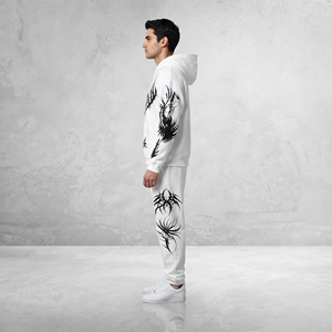Conjunto de Sudadera con Capucha y Pantalones Deportivos con Estampado Gráfico Gótico Blanco para Hombre, Ropa Deportiva Urbana con Estampado Negro - Product Image 5