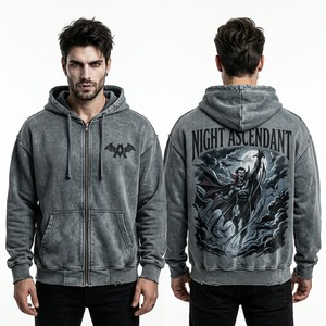 Custom Streetwear Acid Wash Full Zip Hoodie Vintage Grey Oversized Graphic Printed Hooded Sweatshirt High Quality Manufacturer - Product Image 1