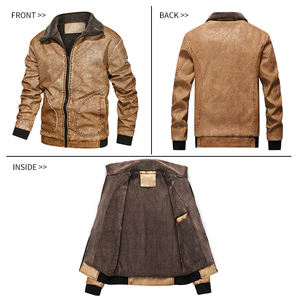 Men's Genuine Leather Bomber <b>Jacket</b> Stand Collar Zipper Closure Faux Fur Lining Solid Color Autumn Wear - Product Image 5