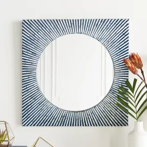 Miroir mural de salle de bain en mosaïque artisanale, best-seller, luxe, bleu, motif soleil, cadre carré, nacre ronde - Product Image 3