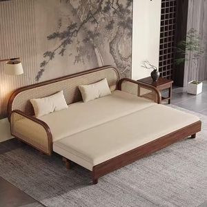 Sofá cama convertible de madera de teca con respaldo de ratán y tapicería de tela para sala de estar - Product Image 1