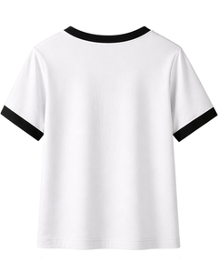 Conjunto de 2 Piezas para Mujer, Camiseta Blanca de Manga Corta con Cuello Redondo y Ribete Negro, Pantalones Cortos con Cintura Elástica y Bolsillos, Estilo Casual para Primavera/Verano - Product Image 2