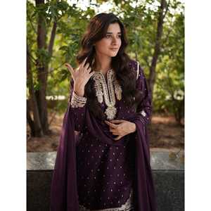 Ensemble de tenue de soirée en mousseline de soie avec broderie et travail de paillettes, tenue de mariage élégante - Product Image 5