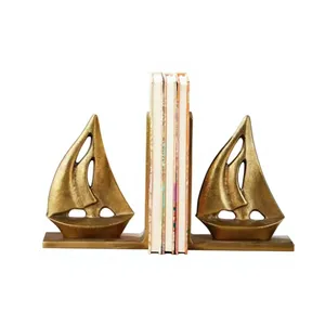 Golden Metal Sailboat Bookends Set of 2 Nautical Boat Decorative Book Ends for <b>Bookshelf</b> Home Office <b>Desk</b> Decor Elegant Vintage - Product Image 1