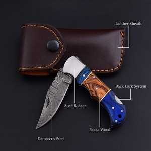 UA Supplies Excellent Quality Damascus Steel Folding <b>Knife</b> Colorful Pakka Wood <b>Handle</b> EDC Pocket <b>Knife</b> with Leather Pouch - Product Image 5