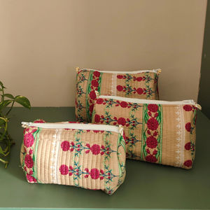 Cotton Quilted Cosmetic Pouch <b>Set</b>, 3-Piece Floral Makeup Bag,Indie Floral Beige Toiletry Pouches <b>Set</b> of 3 - Product Image 1