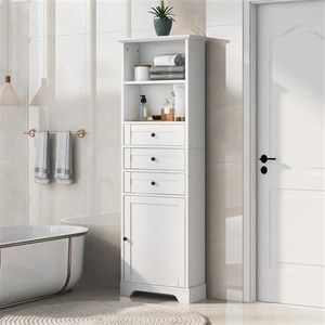 White Tall Storage Cabinet with 3 Adjustable Drawers MDF Board & Painted for Bathroom Kitchen Living Room - Product Image 1