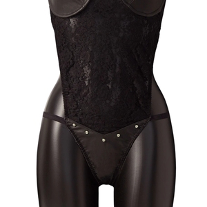 Women's Black <b>Leather</b> Lace <b>Bodysuit</b> Deep V Neck Hollow Out Sexy Lingerie One Piece - Product Image 4