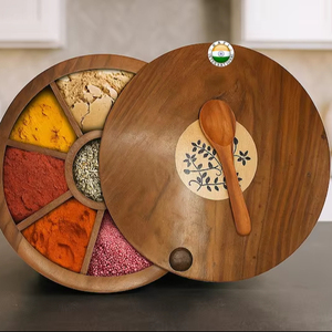 Handmade Indian Spice <b>Box</b> Masala Dabba – <b>Floral</b> Burnt Rosewood Wooden Spice Organizer with 9 Compartments - Product Image 1