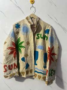 Sunset Embroidered Cotton <b>Jacket</b> With Palm Trees And Floral Design <b>Mandarin</b> <b>Collar</b> Full Sleeve Summer Vacation Style - Product Image 1