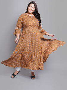 Kurti en rayonne marron à imprimé floral pour femme, coupe trapèze, avec manches cloche et col rond, pour grandes tailles, tenue décontractée quotidienne - Product Image 1