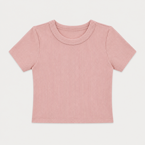 Camiseta de algodón acanalado con cuello redondo para niñas, manga corta, ajuste casual, suave, elástica, transpirable, para verano, color liso - Product Image 2