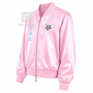 Veste en satin respirant personnalisée Gamma Phi Delta Sorority avec logo brodé sur le devant, bleu ciel et rose, manches longues pour femme - Product Image 2