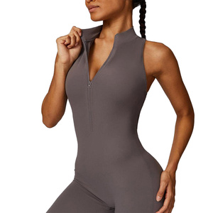 Mono de yoga sin mangas de cuerpo entero para mujer RTS, con media cremallera, sin costuras, de elastano y poliéster, color liso, AS-YJ-506 - Product Image 2