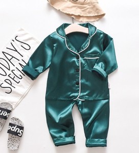 Ensemble pyjama pour filles, manches longues, couleur unie, vêtements de nuit d'automne, doux et confortables, vêtements de nuit pour enfants, vert - Product Image 1