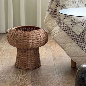 Round Low Profile Rattan Stool Basket Handwoven Wicker <b>Side</b> <b>Table</b> Decorative Storage Basket <b>Rustic</b> Minimalist Natural Home - Product Image 4