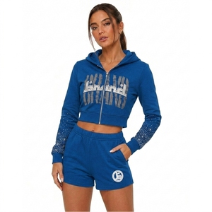 Conjunto deportivo de sudadera con capucha y cremallera, pantalones cortos y top corto con pedrería azul para mujer, ropa deportiva de calle de manga larga para primavera - Product Image 5
